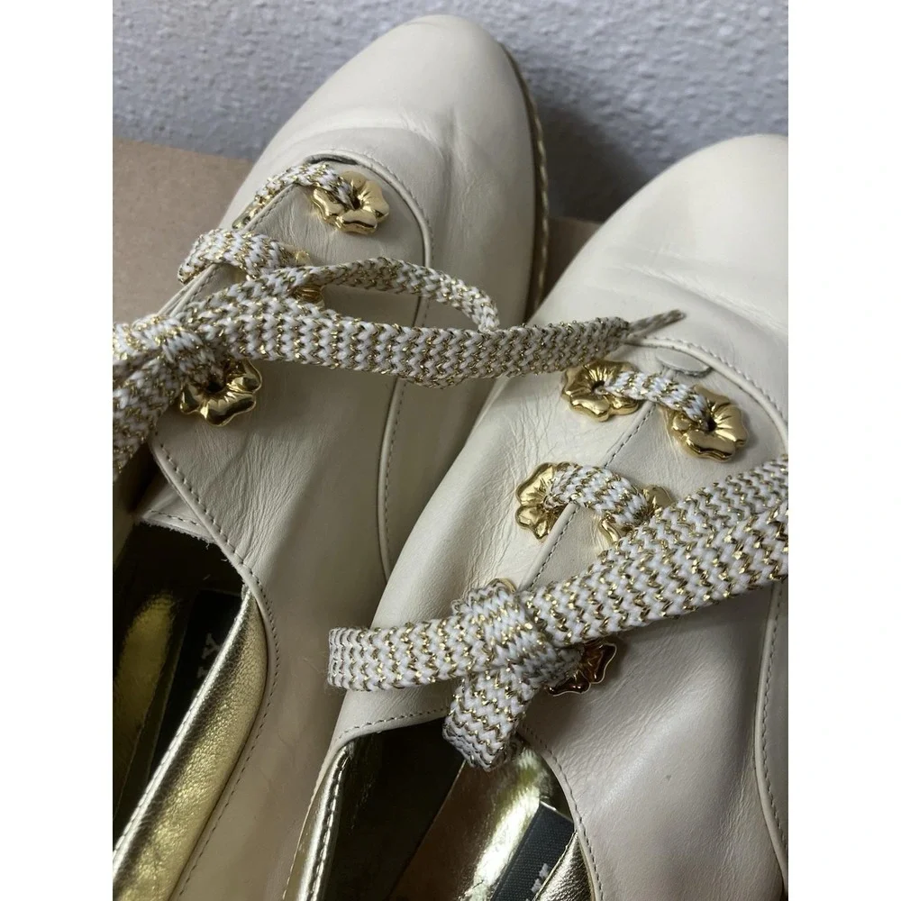 Vtg 1980s‎ Bally Jallut Ivory Leather Gold Floral Rivet Oxfords Flats Shoes 10
